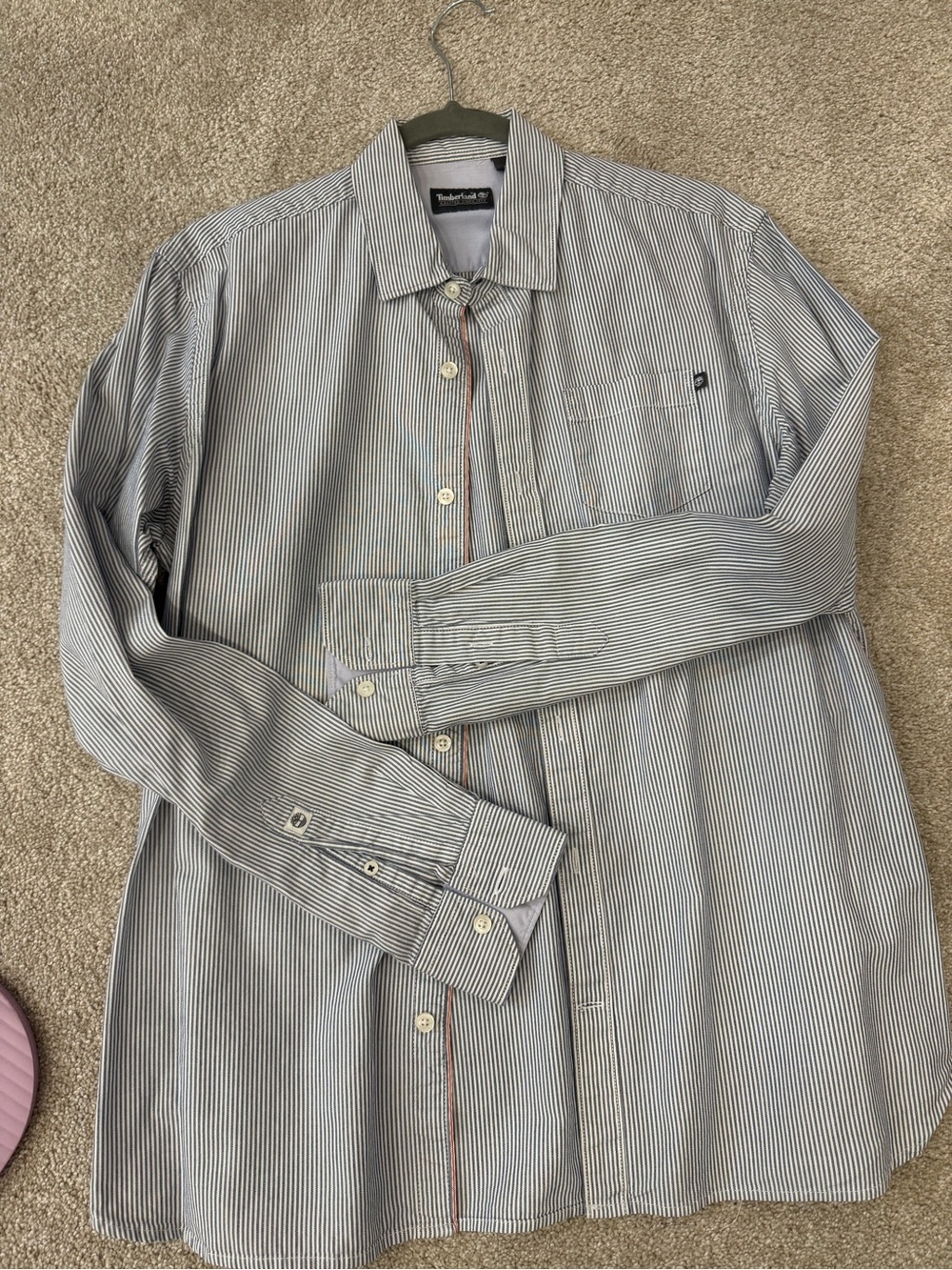 Timberland Men's Navy and White Pinstripe Dress Shirt